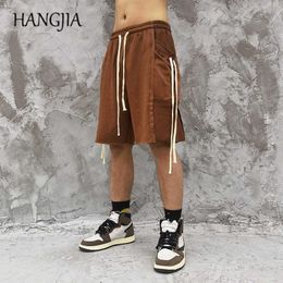 Hip Hop Patchwork Drawstring Knee-lenth Summer Streetwear Fashion Men Women Casual Shorts Side Big Pocket Sweat Short C0607
