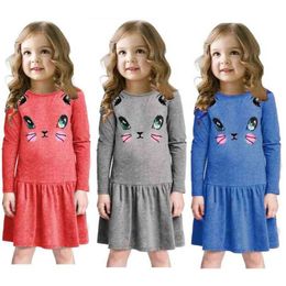 Cat Baby Girls Dress Long Sleeve Jumpers Blouses Children Clothes Girl Dresses Princess Cotton Outfits 90 100 110 120 130 210413