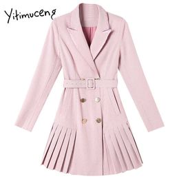 Yitimuceng Bird Lattice Pleated Sashes Dresses Women Mini Solid Pink Spring Notched Double Breasted Korean Office Lady 210601