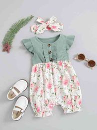 Baby Girl Floral Print Ruffle Trim Romper With Headband SHE