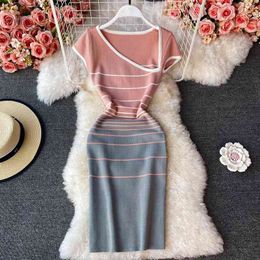 Summer Slanting Collar Color Matching Inner Base Slimming Bag Hip Mid-length Knitted Dress Women 210709