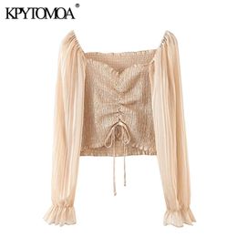 Women Sweet Fashion Drawstring Smocked Cropped Blouses Square Collar Flare Sleeve Female Shirts Chic Tops 210420