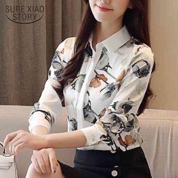 Elegant Chiffon Blouses Casual Floral Shirt Spring Autumn Vintage POLO Collar Women Clothing Button Tops 8804 50 210417