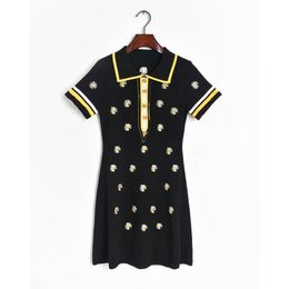Women White Black Turn Down Collar Daisy Floral Embroidery Button Knitting Short Sleeve Mini Dress Summer D2651 210514