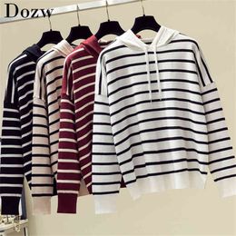 Autumn Winter Striped Sweater Women Long Sleeve Casual Hooded Knitted Sweater Pullover Leisure Harajuku Cashmere Jumper Top 210414