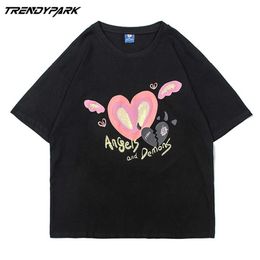 Men's Tshirt Summer Short Sleeve Cute Flying Heart Printed Hip Hop Oversized Cotton Casual Harajuku Streetwear Top Tshirts 210601