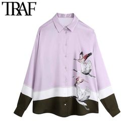 TRAF Women Fashion Animal Print Loose Cosy Blouses Vintage Long Sleeve Button-up Female Shirts Chic Tops 210415