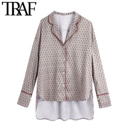 TRAF Women Fashion Patchwork Piping Print Loose Asymmetric Blouses Vintage Long Sleeve Button-up Female Shirts Chic Top 210415
