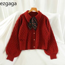 Ezgaga Vintage Knitted Sweater Women Autumn Turn-Down Collar Lantern Sleeve Loose Lace Up Cardigan Button Korean Ladies Fashion 210430