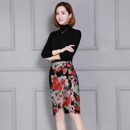Skirts Genuine Leather Womens Print Floral Sheepskin Wrap Fashions OL Style Slim Fit High Waist Midi Skirt Plus Size 4XL