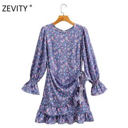 Zevity Women vintage flower print irregular ruffles casual slim mini dress female o neck chic vestido brand party Dresses DS4203 210603