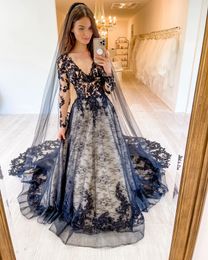 Gothic Bridal Wedding Dress 2022 with Illusion Long Sleeves Ballgown Plunging V Neck 3D Floral Lace robe de mariee Black vestidos de novia Free Veil Chapel Train