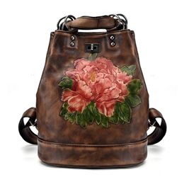 Functional Women Genuine Leather Handbags Female Bucket Shoulder Vintage Messenger Bag