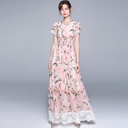 Women Summer Dress Sweet Floral Print Lace Patchwork Chiffon Long Dress Vintage Ladies Elegant High Waist Holiday Maxi Dress 210518