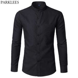 Men's Oxford Slim Fit Dress Shirt Brand Mandarin Collar Long Sleeve Chemise Homme Casual Buisness Office Shirt With Pocket Black P0812