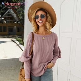 Aelegantmis Fashion Ruffles Knitted Pullover Sweater Women Spring Autumn Long Sleeve Loose Tops Ladies O-neck Casual Jumper 210607
