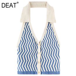 [DEAT] Women Stripe Colour Contrast Halter Single-breasted Knitting Tank Tops Fashion Spring Summer 13D087 210527