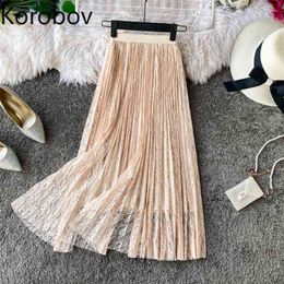 Korobov Streetwear Lace Patchwork Women Skirts Vintage A-Line Female Skirt Korean High Waist Beach Style Pleated Saias Femme 210430