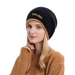 Berets Women Fashion Cable Beanie Stretchy Letter Pattern Knitted Hedging Cap Elastic Warm Cozy Fold-Up Cuff Ski Hat