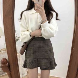 plus size plaid package hip falbala skirts Women Woollen Mini Skirt Autumn Winter Vintage Skater High Waist Femininas 210423