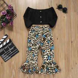 Clothing Sets 2 Pieces Kids Suit Set, Solid Colour Boat Neck Long Sleeve Tops+ Leopard Print Flared Trousers For Girls, 18 Months-6 Years