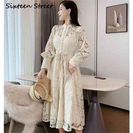Woman Dress Sashes Apricot Lace Hollow-out Spring Long Lantern Sleeve Stand Neck Casual Party Dresses Designer 210603