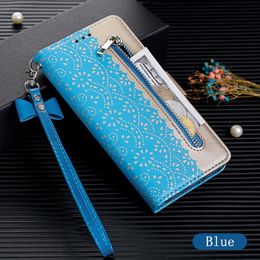 Zipper Wallet Phone Cases for iPhone 15 14 13 12 11 Pro X XR XS Max 7 8 Plus Lace Pattern PU Leather Flip Kickstand Cover Case with Coin Purse