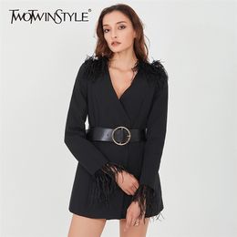 Vintage Patchwork Feather Dress For Women V Neck Long Sleeve High Waist With Sashes Mini Dresses Female Autumn 210520