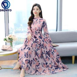 2021 Summer Boho Black Pink Chiffon Beach Maxi Dress Vintage 4XL Plus Size Long Sleeve Women Dress Elegant Party Dresses Vestido G1214