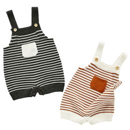 born Boy Overalls Rompers Autumn Stripe Knitted Baby Girl Jumpsuit Clothes Pocket Sleeveless Children One Piece Costume 210417