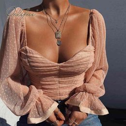 Summer Women Chiffon Shirt Long Sleeve Polka Dot Mesh Sexy Tops Female Blouse 210415