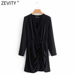 Zevity Women Vintage V Neck Black Pleated Mini Dress Lady Long Sleeve Side Zipper Casual Slim Short Business Vestido DS4767 210603