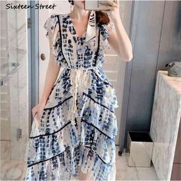 Summer Vintage Blue Dress Woman Printed Chiffon V-neck Vestido Clothing High Waisted Single-breasted Party Dresses Female 210603