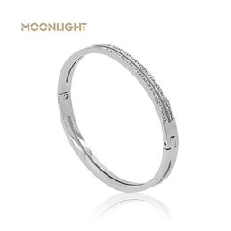 Moonlight New Arrival 2021 Cuff Simple Trendy Bangle White Zircon Stainless Steel Bracelet Female Jewellery Gift Rose Gold Colour Q0717