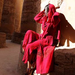 INSPIRED red dress hooded Gypsy women dresses V-neck long lantern sleeve elastic wasit slit long dress hippie chic 210412