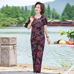 Middle-aged Women 2 Piece Set Summer Suits Short Sleeve Print Tops and Pants Plus Size Two-piece Female T-shirt Women Clothing X0428