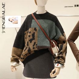 Autumn Long Sleeve Jumper Knitted Loose Fashion Pullover Femme Leopard Hit Colour Sweater ZA5272 210427
