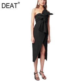 Designer's same Australian design three dimensional bow single shoulder split temperament dress 210421