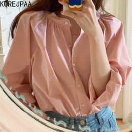 Korejpaa Women Shirt Summer Korean Chic Girls Gentle Round Neck Pink Single-Breasted Loose Versatile Long-Sleeved Blouses 210526
