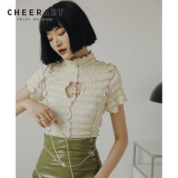 Summer Short Sleeve Ruffle Blouse Women Turtleneck Ladies Tops Cut Out Ruched Frilly Top Aesthetic 210427