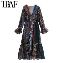 TRAF Women Fashion Patchwork Print Ruffled Asymmetric Midi Dress Vintage Long Sleeve Elastic Waist Female Dresses Mujer 210415
