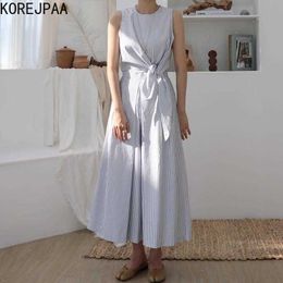 Korejpaa Women Sets Summer Korean Chic Temperament Round Neck Sleeveless Bow Tie Shirt High Waist Striped Wide-Leg Trousers 210526