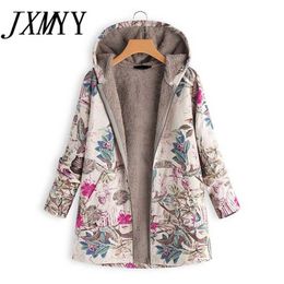 Women Winter Warm Floral Hooded Jacket Flower Print Hoody Vintage Oversized Coats Padded Parkas 211008