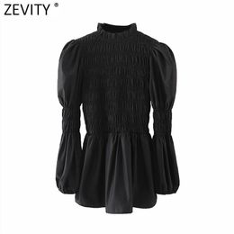 Women Vintage Stand Collar Pleated Black Smock Blouse Office Ladies Puff Sleeve Slim Shirts Chic Blusas Tops LS7516 210416