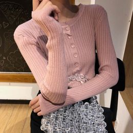New Autumn Winter Sweater Korean Fashion Black Crewneck Button Ribbed Knitted Pullover Fall Ladies Jumpers Tops Knitwear 210415