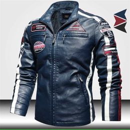 Vintage Motorcycle Jacket Men Fashion Biker Leather Jacket Male Embroidery Bomber Coat Winter Fleece Pu Overcoat 211008