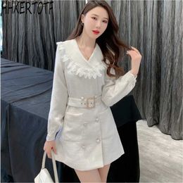 spring autumn Winter Fashion Tweed Women White Long Sleeve V-Neck Double Breasted Vintage Elegant dress with belt 210531