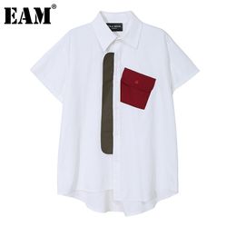 [EAM] Women White Contrast Colour Big Size Blouse Lapel Short Sleeve Loose Fit Shirt Fashion Spring Summer 1DD6091 210512