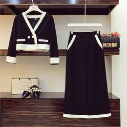 Elegant V Neck Long-sleeved Loose Knitted Sweater Crop Top+Wide-leg Ankle-length Pants Women's Spring Casual Knitting Suits 210416