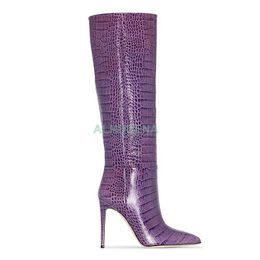 Boots Crocodile Pattern Stiletto Pointy Toe Knee High Women Sexy Sleeve Daily Dress Size 36-46 Slim Bright Leather Long